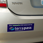 Blue and gray on white vinyl Terrapass bumper sticker on car