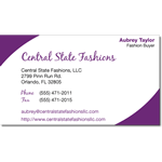 Purple on white paper Central State Fashions business card sticker