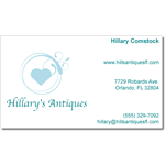 Teal heart graphic on white paper Hillary's Antiques business card sticker