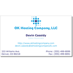 Blue graphic on white paper OK Hosting Company business card sticker
