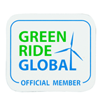 Weatherproof label of green and blue wind turbine on white vinyl square for Green Ride Global Official Member.