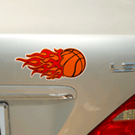 Orange and red basketball with flames on white vinyl custom shape weatherproof label on car trunk