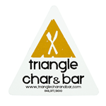 Yellow fork and knife blockout on white vinyl triangle for Triangle Char & Bar weatherproof label sample.