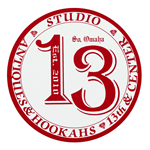 Red ink on white vinyl circle 13 Antiques & Hookahs weatherproof label sample
