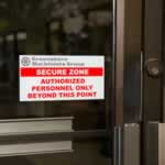 Weatherproof white vinyl decal with red secure zone text and gray logo on a glass door.