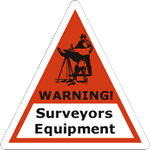 Weatherproof surveyors equipment warning label of orange and black survey men logo on white vinyl triangle.