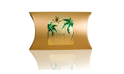 Custom shaped embossed label printed on gold material and green foil and copper foil