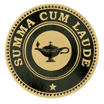 Black foil lamp on dull gold circle Summa Cum Laude foil label