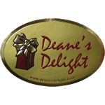 Red and bright gold foil present on dull gold oval Deanne's Delight embossed label