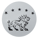Black on dull silver circle lion and stars embossed label