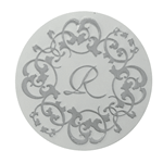 Gray on white gloss paper circle R embossed label