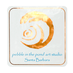 Metallic copper foil and process blue on white gloss square pebble in the pond art studio foil label