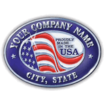 Red and blue flag on silver oval sample Made In USA Sticker