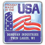 Red and blue flag on silver square Donovan Industries Made In USA Sticker