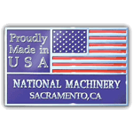 Red and blue full flag on silver rectangle National Machinery Made In USA Sticker