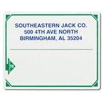 Green border design with blue text mailing & shipping label sample for Southeastern Jack Co.