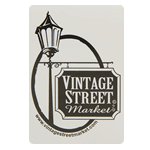 Black vintage street sign and lamp post on white rectangle Vintage Street Market custom roll label sample
