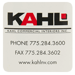 Red and black ink logo with contact information on white square KAHL custom roll label sample