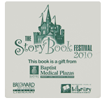 Muted teal castle and library logos on white square The StoryBook Festival 2010 custom roll label sample