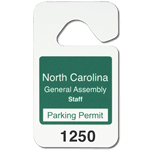 Green on white North Carolina General Assembly Staff hang tag parking permit with sequential numbering