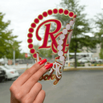 Red and gold dots Rocky logo on clear custom shape custom static cling decal on glass