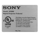 Black ink on brushed silver polyester rectangle SONY Digital Projector Pedestal UL label sample