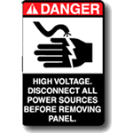 Danger label featuring electric shock pictogram and warning text