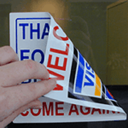 Sample of custom static cling window decal sample for credit cards.