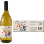 Multi spot-color sheep sitting at a bistro table on eggshell Corotto custom wine label on wine bottle