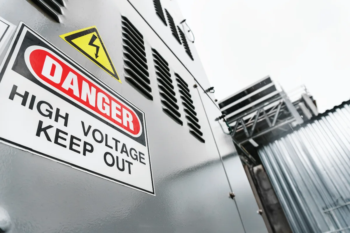 Equipment label that says "danger high voltage keep out" with a yellow triangle and lightning bolt symbol on industrial or electrical equipment.