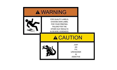 custom warning label wth signal word, symbol panel and word message