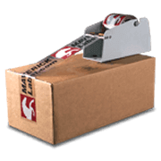 White paper packaging tape roll and applied on white cardboard boxes