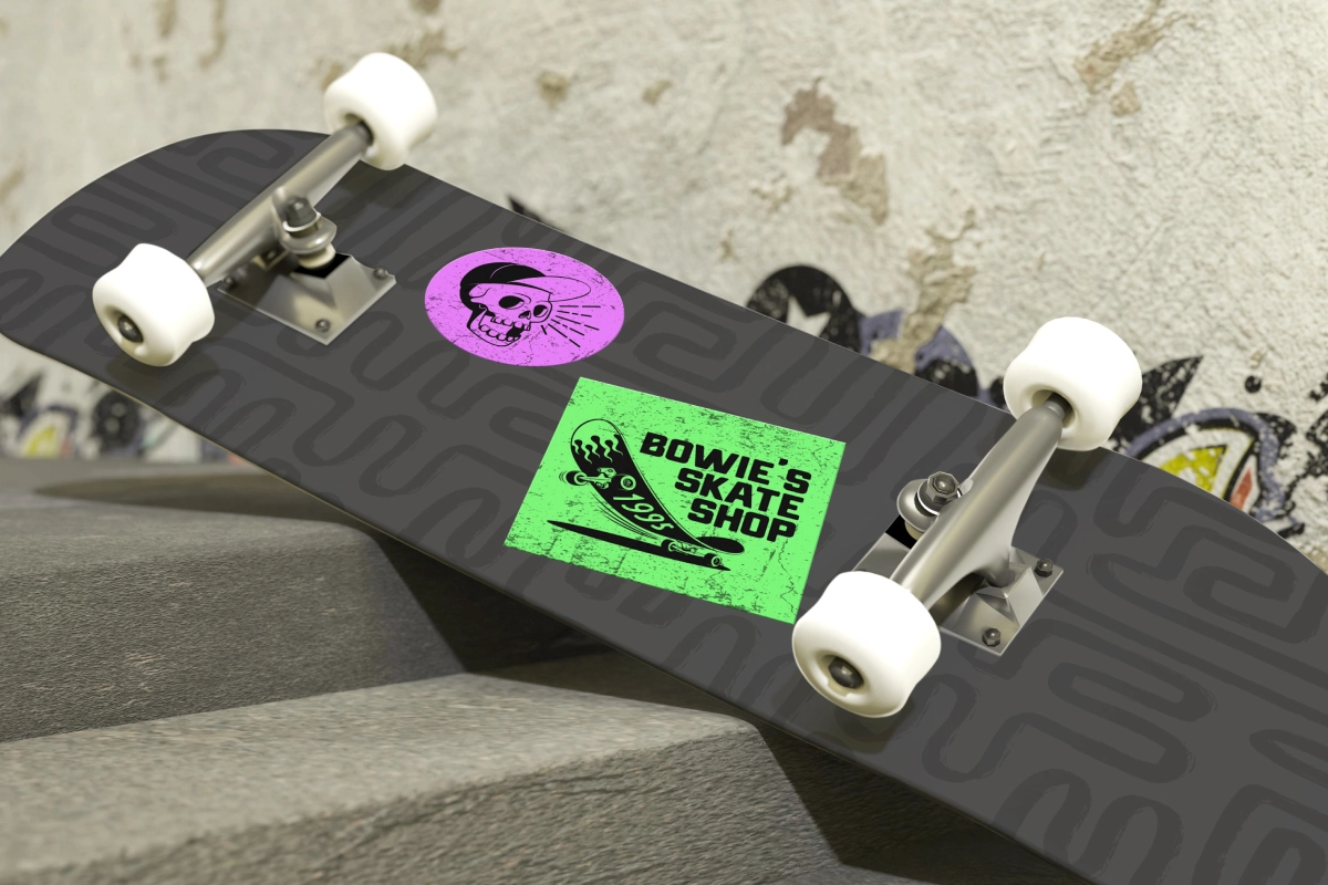 Skateboard deck decorated with custom label stickers, adding a personalized and unique touch to the board's design.