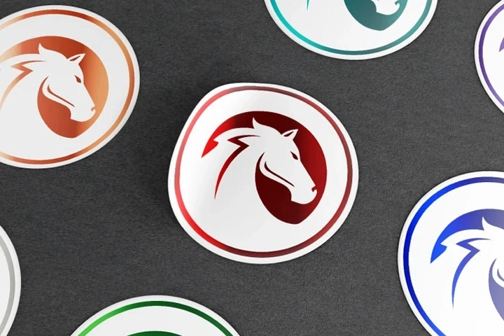 A variety of Maverick label logo stickers featuring red, blue, green, orange, and other foil colors.