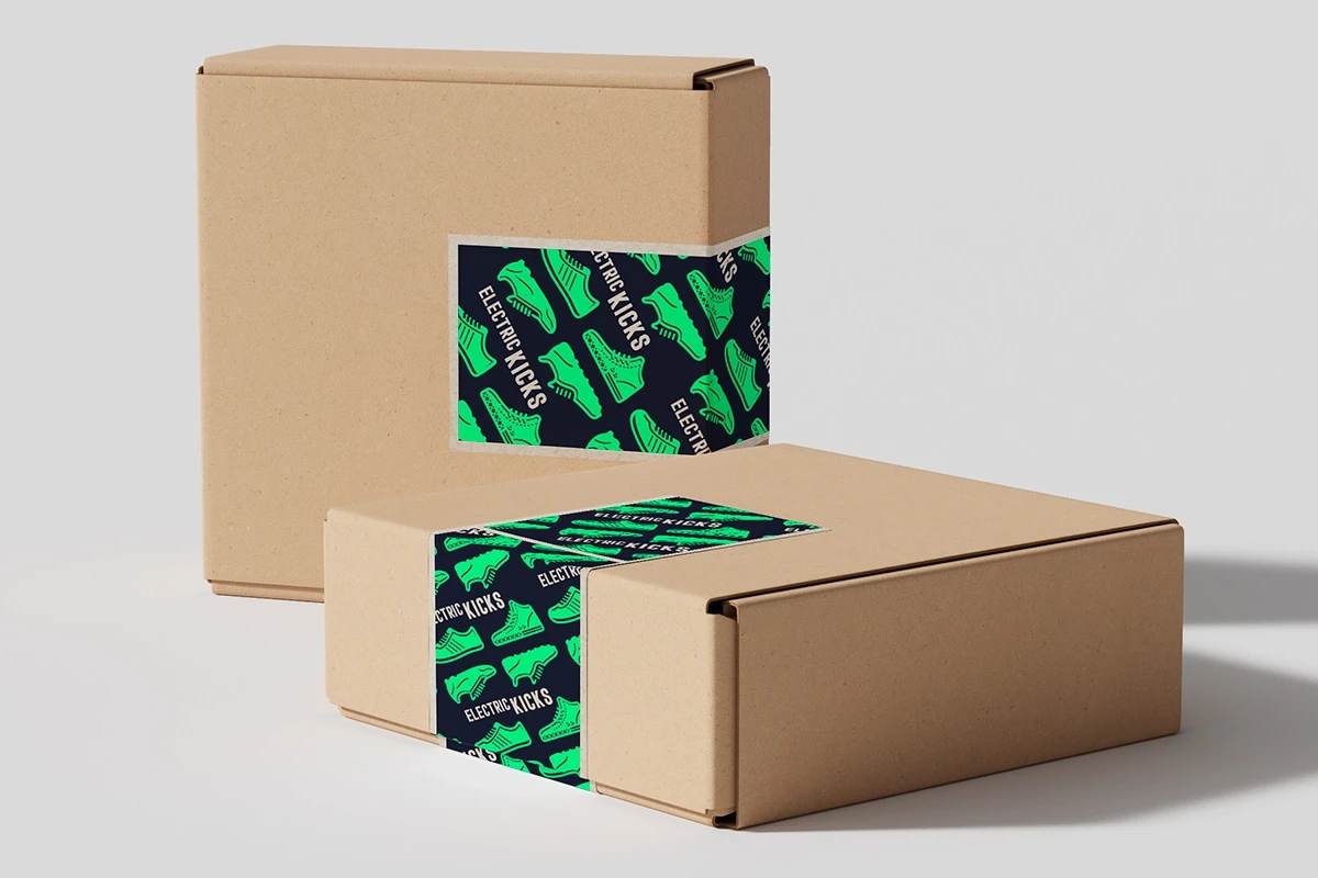 Custom printed packaging tape with a vibrant green sneaker design, perfect for adding a unique touch to your shipments and reinforcing brand identity.