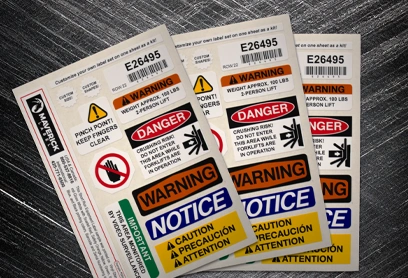 Industrial Safety Labels – OSHA & ANSI Warning Stickers Sheet of Industrial Safety Labels featuring OSHA and ANSI-compliant warnings, including danger, caution, and notice signs for workplace and equipment safety.
