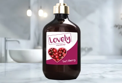 A brown hand soap bottle with a custom retail label reading "Lovely Handsoap – Tart Cherry," featuring a heart-shaped cherry design. Ideal for retail packaging, branding, and product display.