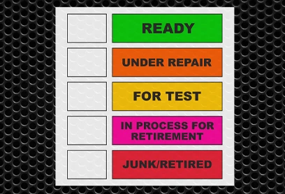 White removable vinyl labels showing color-coded status options for equipment and inventory